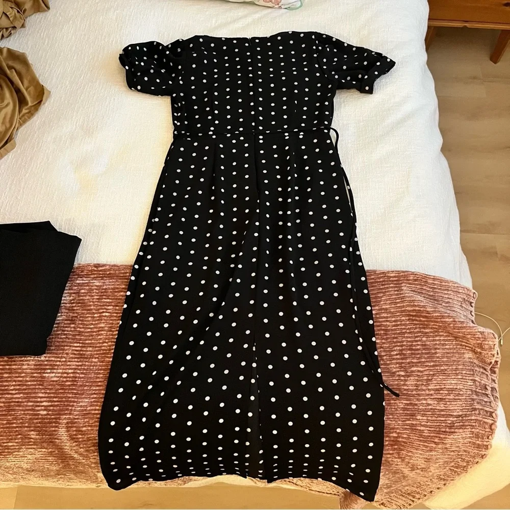 Square Neck Puff Sleeve Black Polka Dot Calf Length Dress - Picture 4 of 4